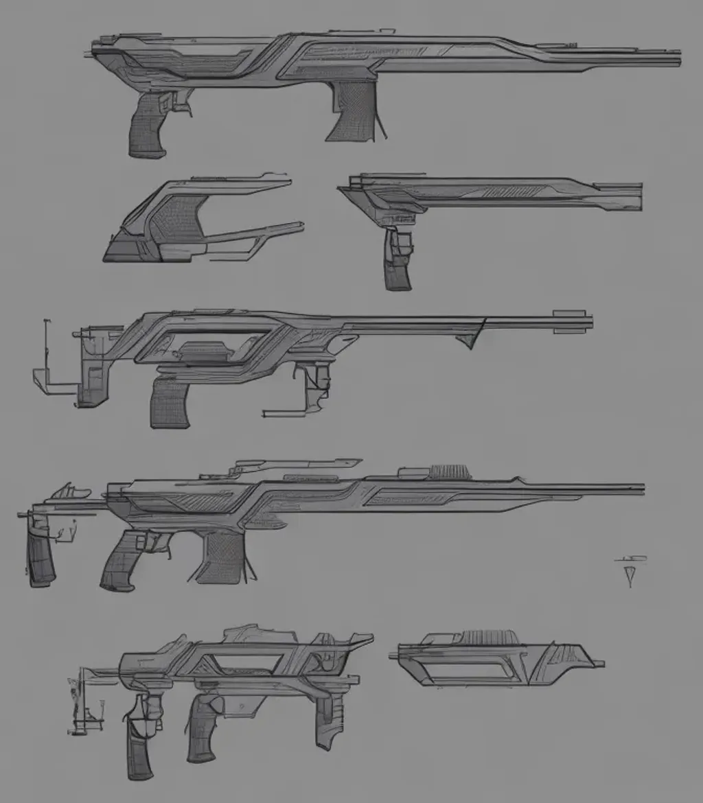 Prompt: cyberpunk rifles ,side view, concept art sheet 2 d Ballpoint pen art,  futuristic, high detail, trending on artstation, award winning concept artist, in the stye of TV Series Altered Carbon