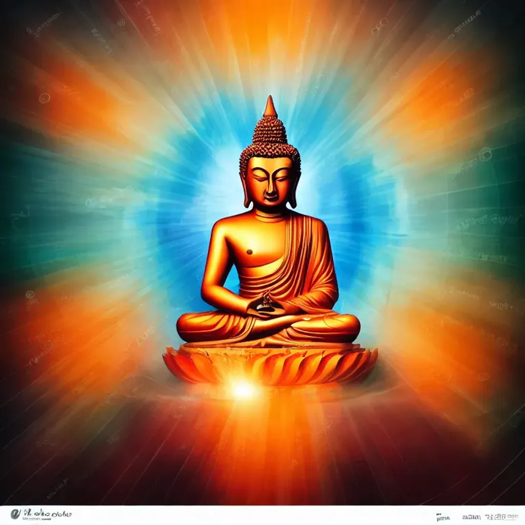 Prompt: symmetrical beautiful buddha, bright orange colors, light rays outside, detailed face, water colour