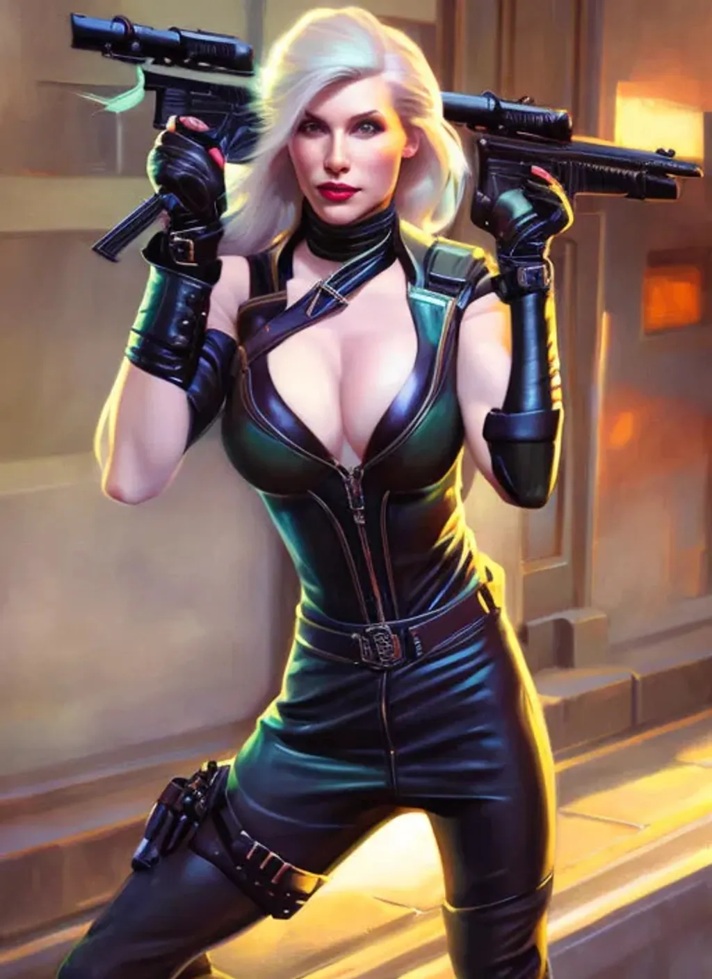 Prompt: cyberpunk, cougar woman, germanic, pale skin, blonde hair, short hair, light green eyes, glasses, leather dress, looking at the camera, extremely detailed painting by Greg Rutkowski and by Henry Justice Ford and by Steve Henderson