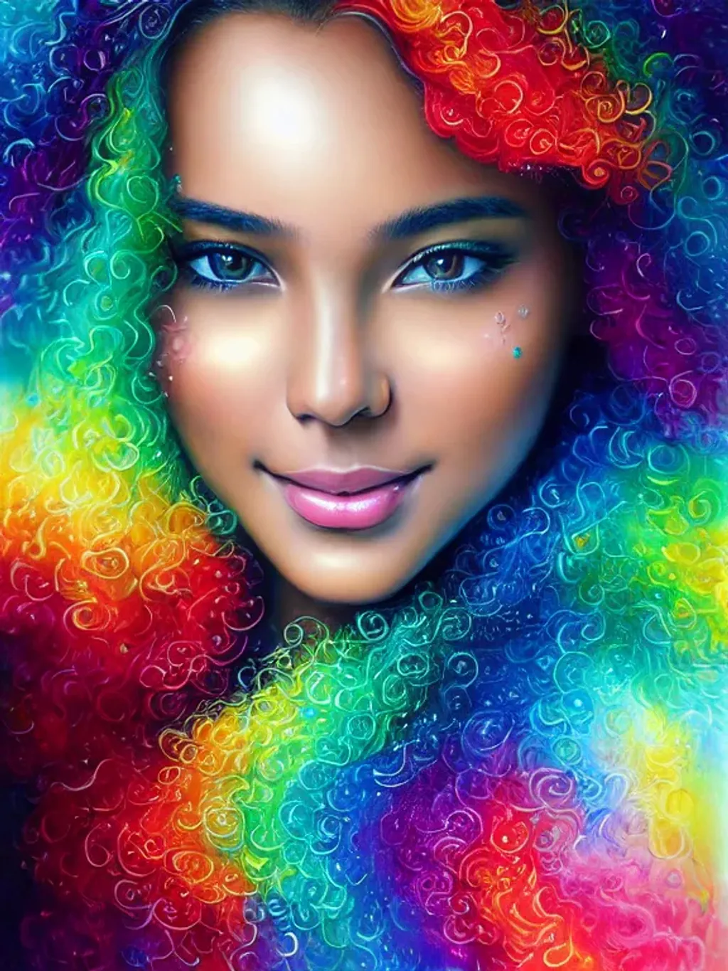 Prompt: mystic, rainbow, liquid smoke, pastel, sparkling water splash, photograph, highly detailed face, 8k, attractive, elegant, confident, optimistic, curly teenager, smiling, beautiful, heroine, perfect look, highly detailed terrific clothing, fine skin details, trending on artstation, sharp focus, intricate details, highly detailed, Artgerm, Greg Rutkowski, Tom Blackwell