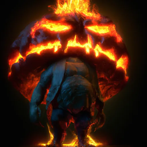 Prompt: a giant monster with a creepy jack o lantern on the head, fire, cinema light, hyper realistic