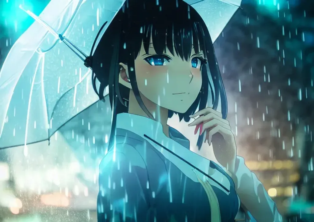 Prompt: a woman holding an umbrella in the rain, realistic anime artstyle, short dark haircut, piercing clear eyes, innocent smile, facing away,  trustworthy eyes an ultrafine detail drawing, featured on pixiv, pixiv contest winner, high detail of the face,  cinematic lighting, colorful, fine details, detailed face, beautiful, anime drawing, anime, masterpiece, award winning, masterpiece,best quality, CG, wallpaper, high quality, high-definition, extremely detailed, perfect fingers, beautiful hands, art by yuumei