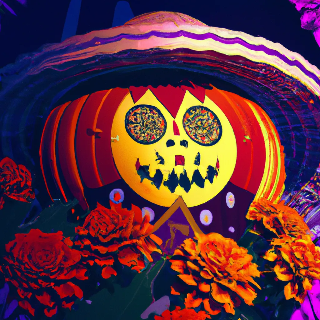 Prompt: a Ukiyo-e comic book styled vintage risograph of a lit Dia de Los muertos Jack-o'-lantern wearing a witch hat,red spider lilies bloomin,bubbles,eclipse,4K,moody,award winning, trending on art station,goofy funny spooky scary mysterious halloween horror vibe, intricate details,digital art,incredible design,emotive,unreal engine 5 render,octane render,dia de Los muertos 