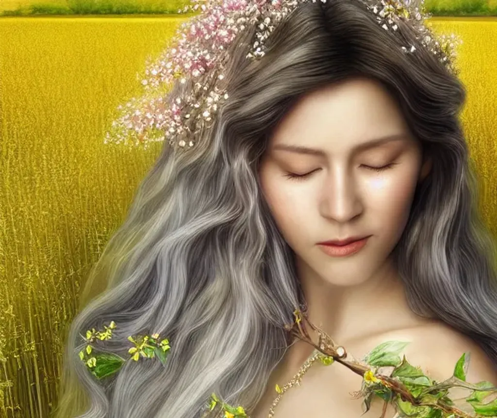 Prompt: Photorealistic digital painting of a stunningly beautiful 38 year old ethereal goddess dressed in a flowing yellow gown with long shining silver hair adorned with cherry blossoms. She carries a basket of fruit and gourds. Background is sunny wheat field. fantasy artwork, realistic shaded, fine details, artgerm, ultrarealistic HDR, highly detailed. Fine facial features. Ultra realistic face. bright eyes, soft smile. D&D. smooth. sharp focus. Intricate. Magical, Fantasy, elegant, concept art.