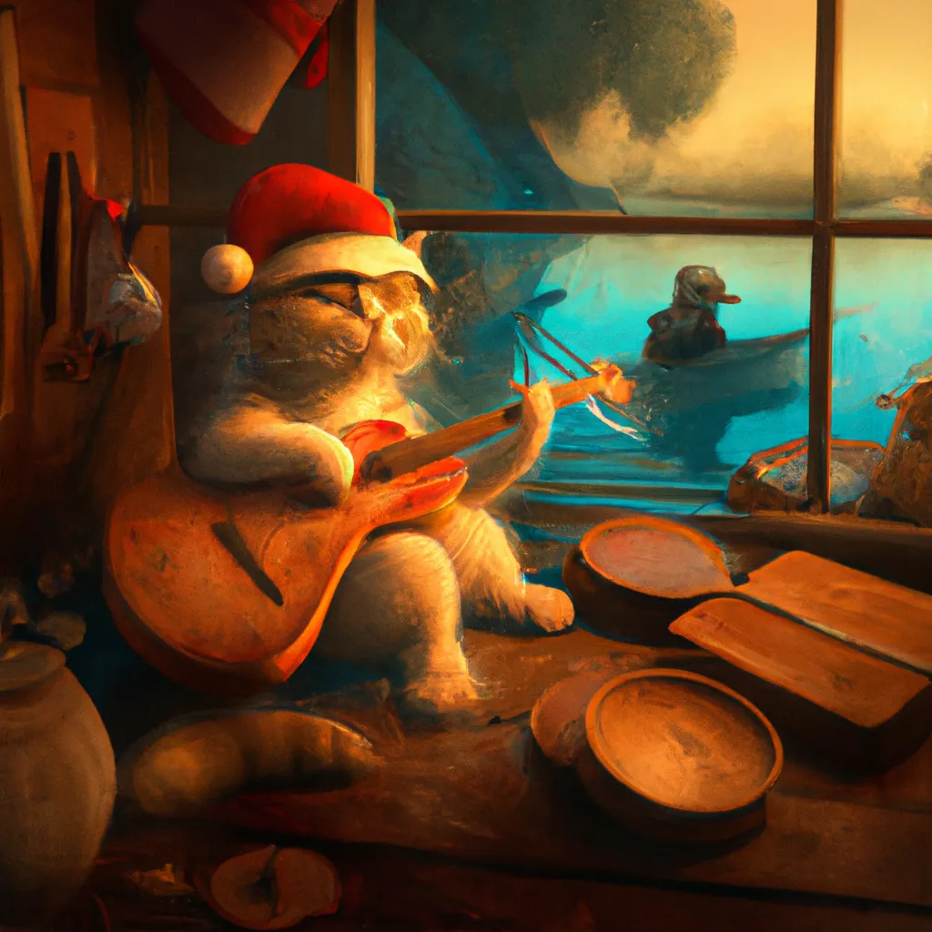 Prompt: a highly detailed epic cinematic concept art CG render digital painting an

 cat wearing a Santa hat, playing guitar, in the Bayou, trending on ArtStation, subtle muted cinematic colors, rendered in Maya, Blender and Photoshop, octane render, golden ratio composition, cinematic atmosphere, dynamic dramatic cinematic lighting, precise correct anatomy, aes