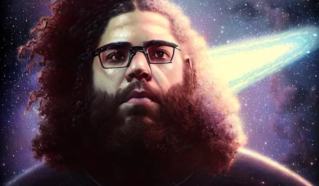 Prompt: Young Claudio Sanchez from Coheed and Cambria, glowing galaxies, intricate wispy beard, spaceship, distant worlds, detailed face, detailed eyes, hyperrealistic, by Greg Rutkowski