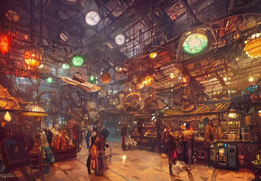 Prompt: steampunk market interior, colorful, 3 d scene, greg rutkowski, zabrocki, karlkka, jayison devadas, trending on artstation, 8 k, ultra wide angle, zenith view, pincushion lens effect