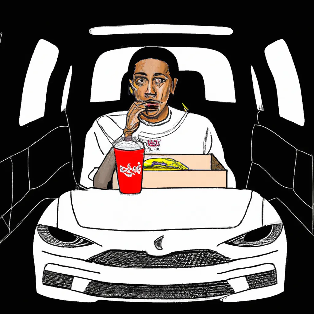 Prompt: Draw of Tupac eat McDonald's in tesla car 