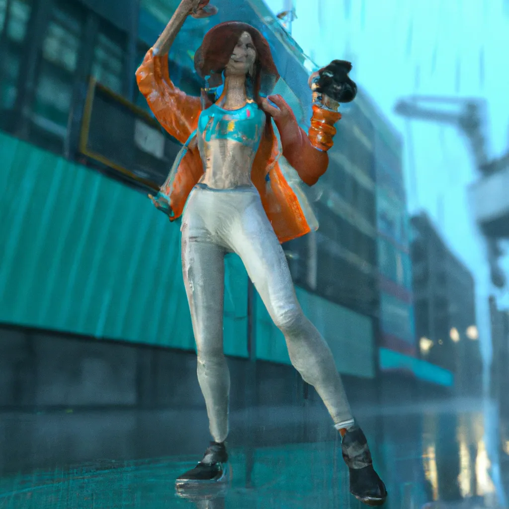 Prompt: Full body with face portrait Maya Cinema4D DazStudio UE5 render graffiti style, rainy cyberpunk city in background, Pretty Russian 27 year old woman with turquoise wavy curly chin length hair, Orange white gray colored dieselpunk outfit, white solarpunk jacket, kicking camera