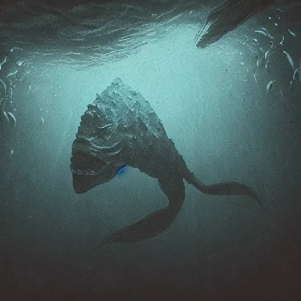 Prompt: Giant underwater monster lurking in the dark