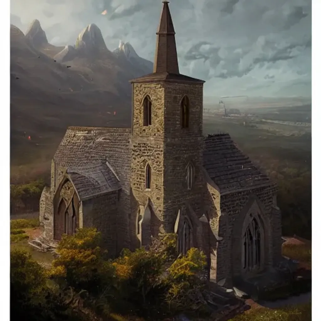 Prompt: an old church sitting on a hill, game poster, superntural, high details, 8k, unreal engine, hyperrealistic, super detailed, 8k, high quality, trending art, trending on artstation, sharp focus, studio photo, intricate details, highly detailed, by greg rutkowski