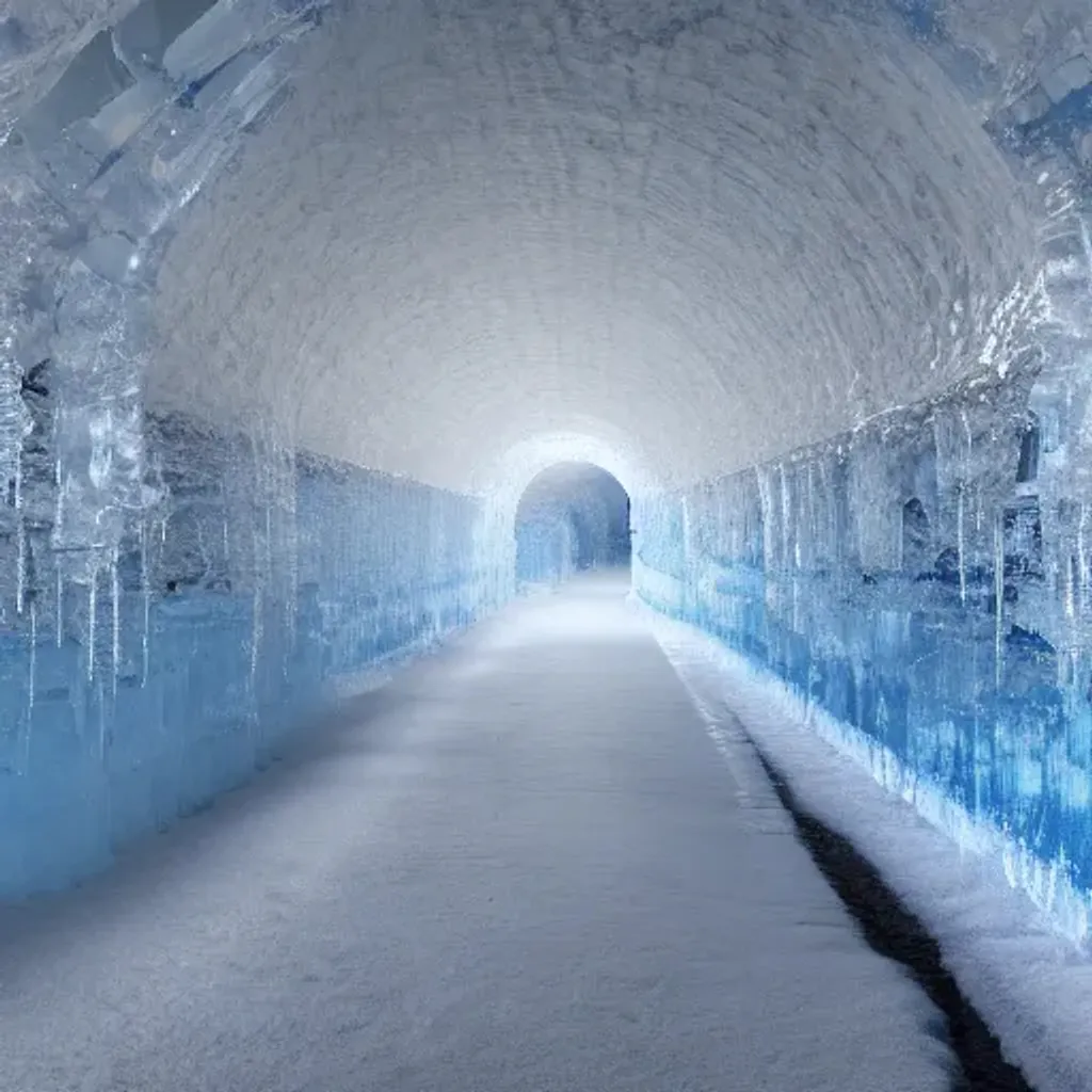 Prompt: Blue, Cold Icy, Never Ending Tunnel, Endless Depth, Water seeping, icicles, Liminal Space, Bones and Empty Buckets, Frozen in Time, The Cancer that Grows on all. Can't be thawed yet. 