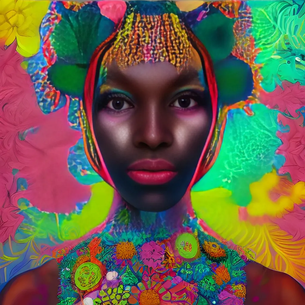 Prompt: a painting of a woman with flowers on her head, a detailed painting, by Helen Thomas Dranga, psychedelic art, afro futurism, dan mumford. maya render, each faces precisely define, hi - fructose art magazine, interconnected human lifeforms, art print, deep black skin, vibrant.-h 704
