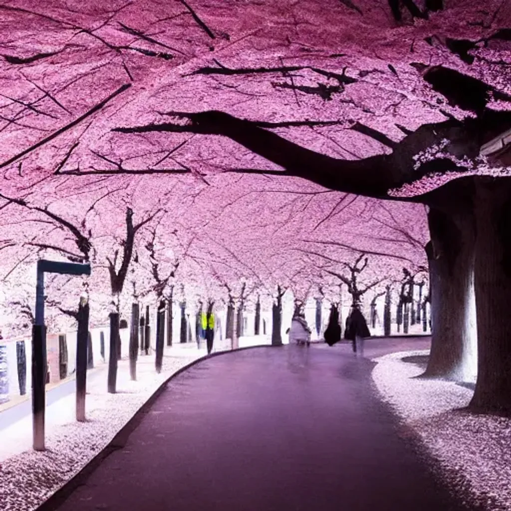 cold and dark japanese metropolis, cherry blossom tr... | OpenArt