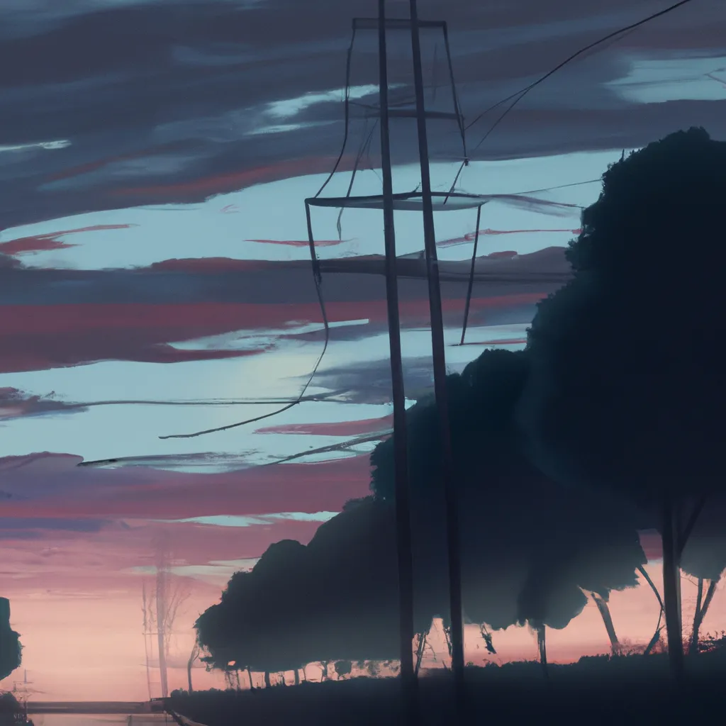 Prompt: a painting of power lines and trees at sunset, a matte painting by Makoto Shinkai, featured on pixiv, american scene painting, anime aesthetic, nightscape, anime