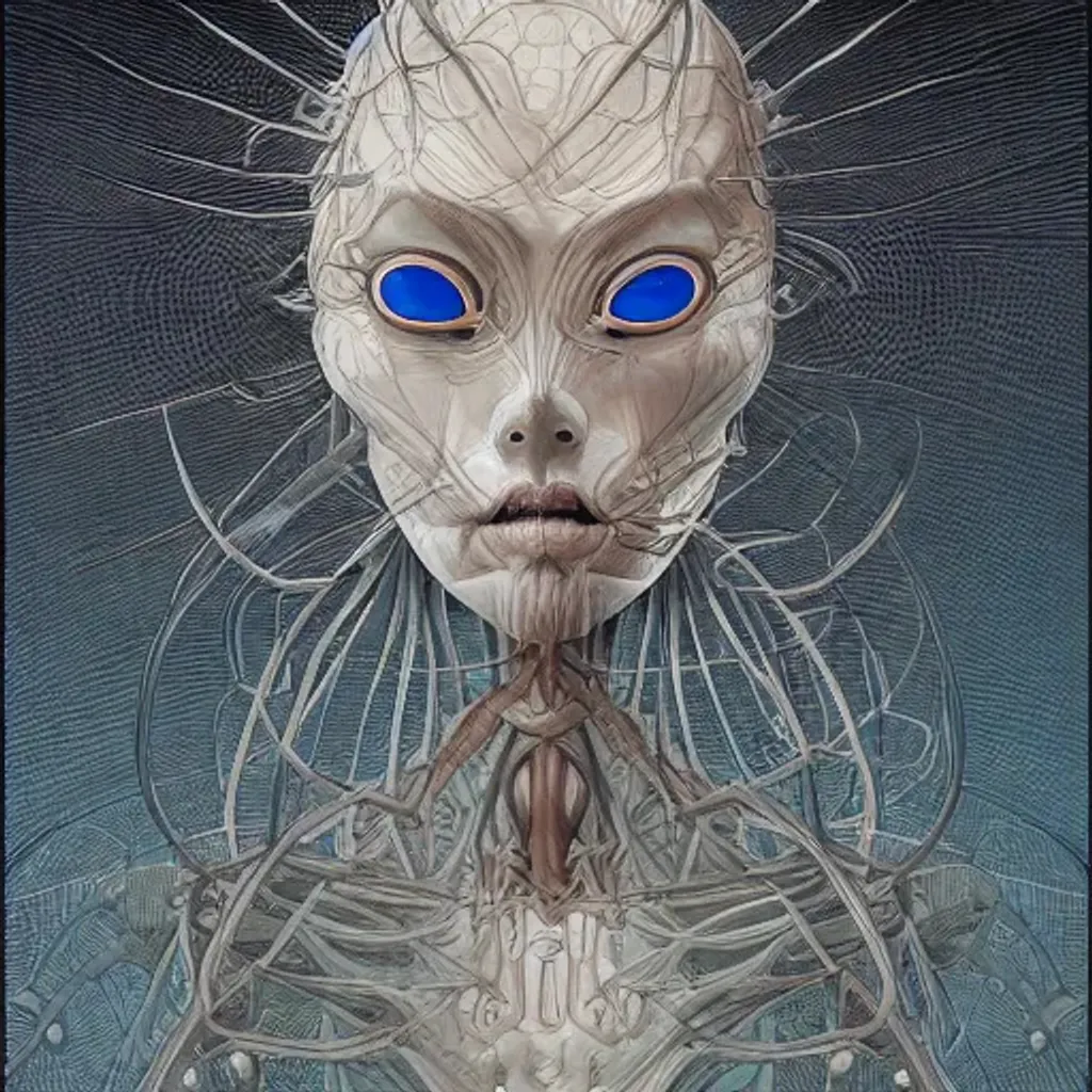 Prompt: Bacteriophage, art by Junji Ito and Artgerm and Michael Whelan and Brian Froud, intricate, face, symmetrical eyes,aea, slim face, elegant,morandi color scheme,highly detailed,half skull face,cinematic,8k,by Alphonse Mucha and by beeple,instruments,elegant,dark,masterpiece