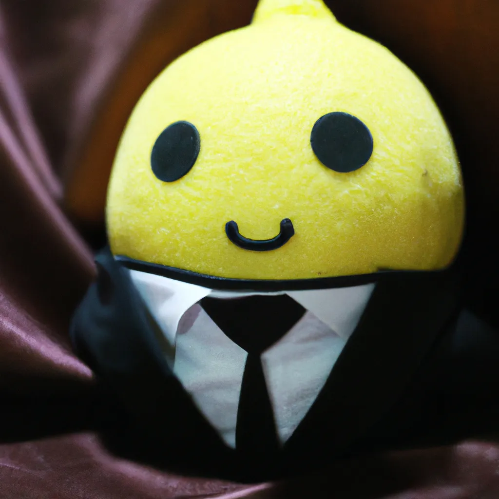 Prompt: cute lemon plushy by sanrio tie and black tuxedo t-shirt, soft lighting,