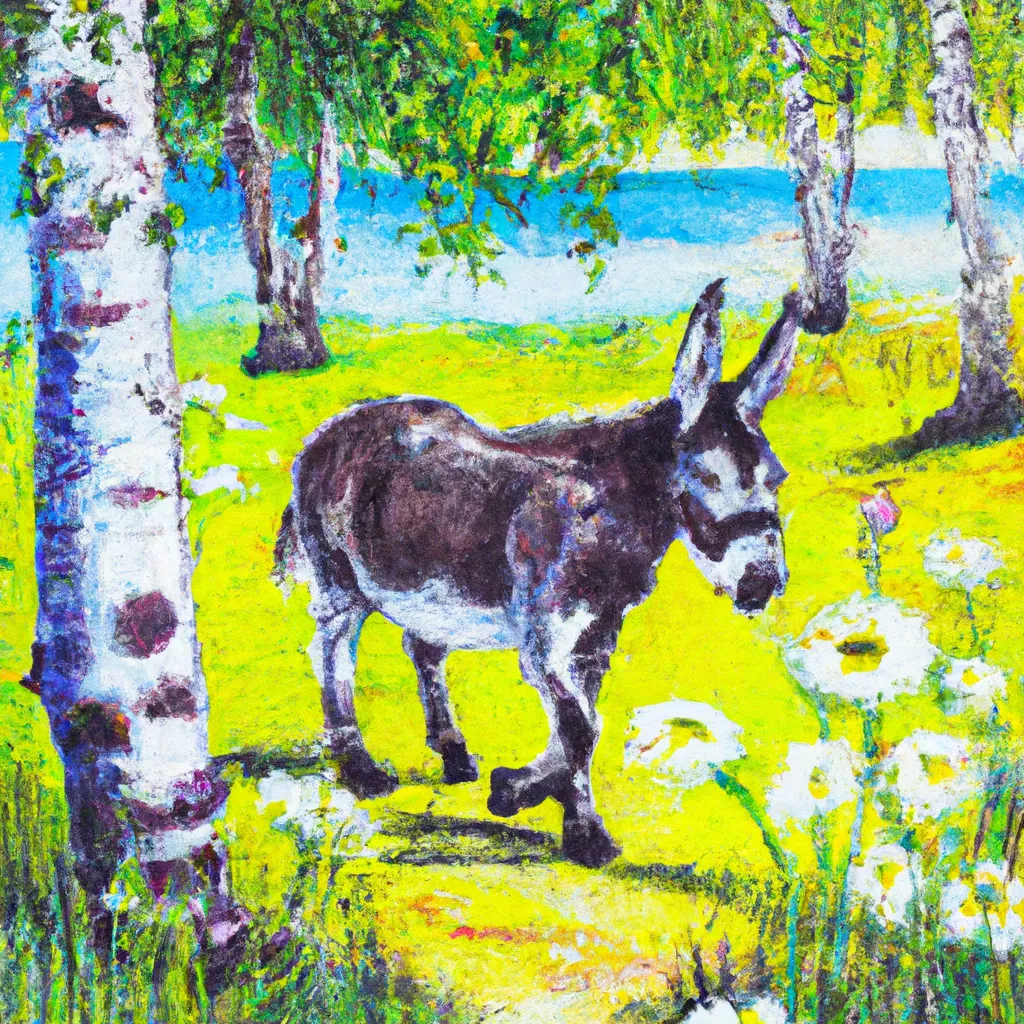 Prompt:  a painting of a donkey in a field of flowers, birch trees, beautiful, scenic, water color