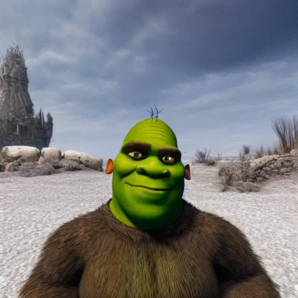 Prompt: Hyper realistic Shrek in a desolate wasteland