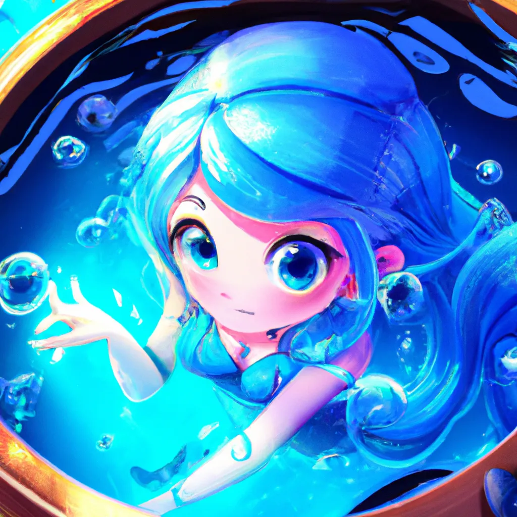 Prompt: Key Disney Visual  Of A cauldron with a see-through icy blue water, with a mermaid swimming happily ,Digital art, trending on artstation, Photorealistic Illustration, anime key visual, cinematic, Ultra Detailed , trending on pixiv, kawaii eyes , blue colour pallete