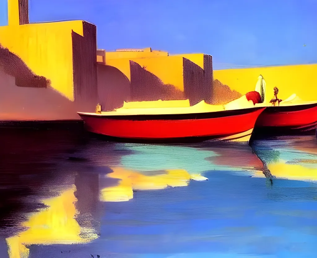 Prompt: dubai creek beduins crowded on small boats water ripples reflections gazing sunlight pale colour scheme edward hopper canalettoa beautiful painting of 