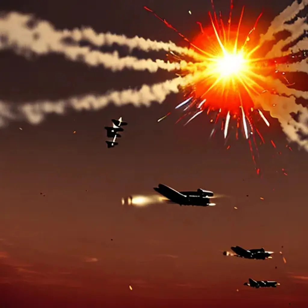 Prompt: a close look from bombs falling down from the sky, behind them airplane bombers exploding into balls of fire and explosions, the sun resembles heaven and the speed just doesn't stop.
