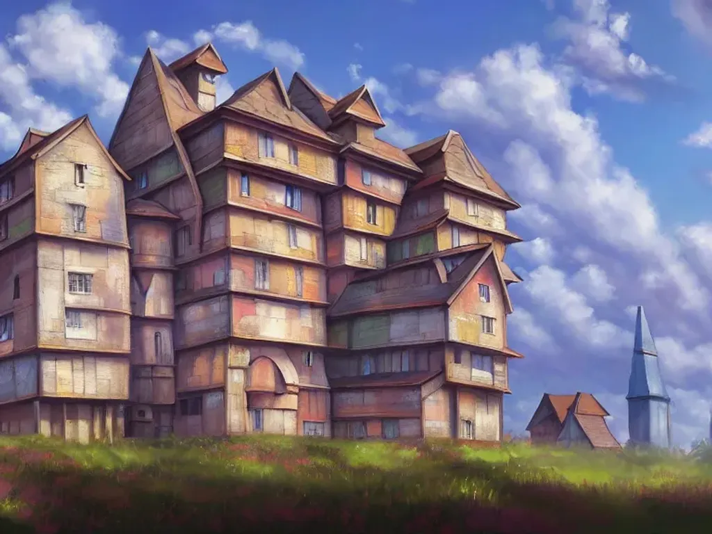 Prompt: Large multi-storey building at noon, anime, oil painting, high resolution, cottagecore, ghibli inspired, 4k