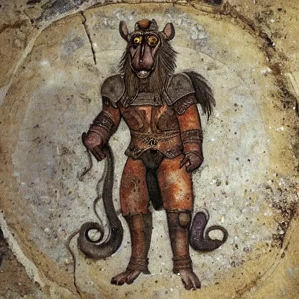 Prompt: ancient fresco, portrait of a fantasy beastman, rat-like animal face, brown hair, brown eyes, leather armor.