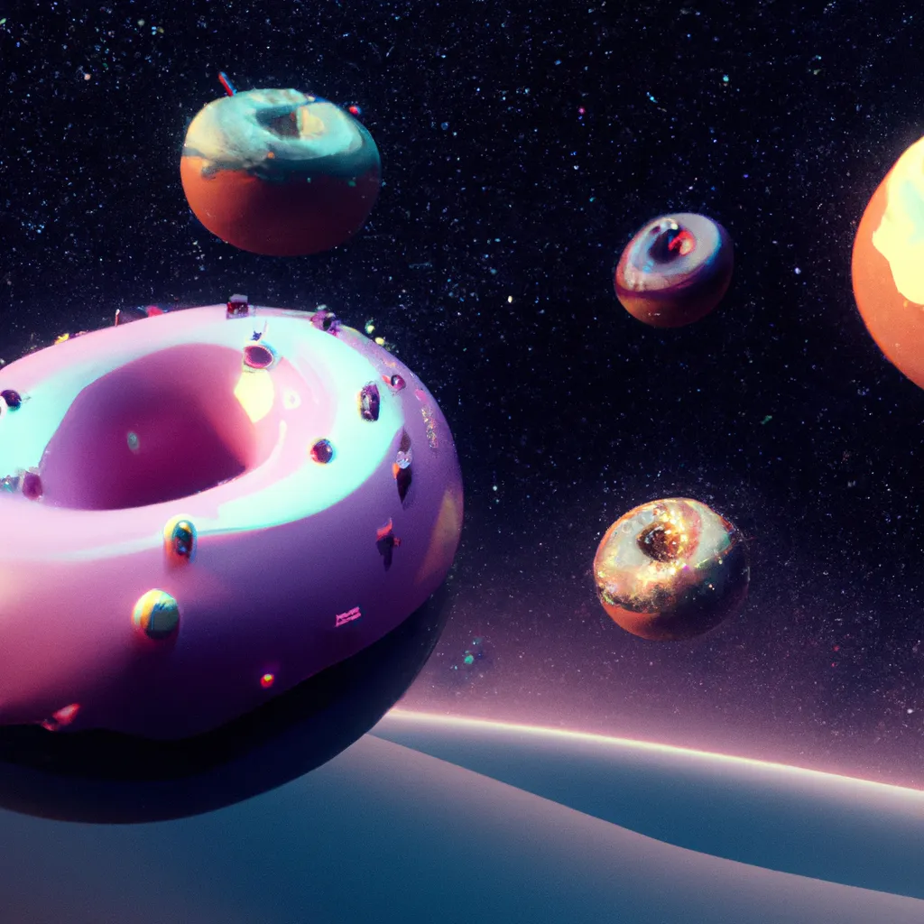 Prompt: Donut planets, space, galaxy, cute 4d rendered, bioluminescent, sharp focus, cinematic, extremely detailed, studio quality, trending in artstation, smooth
