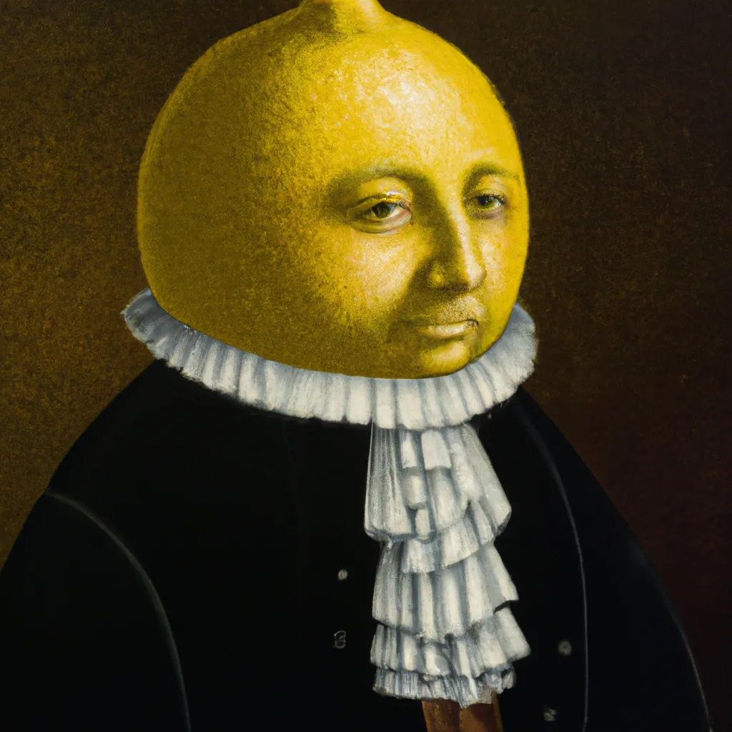 Prompt: A portrait of an anthropomorphic lemon wearing a fancy suit, hyperrealism oil painting by Jan van Eyck.