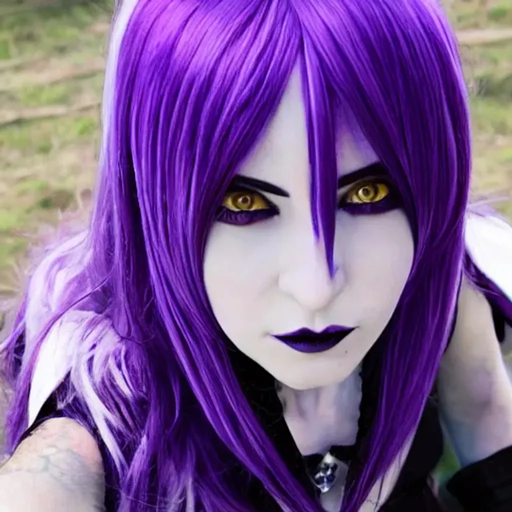 Prompt: A witch with purple clothes, white hair, neotenic purple eyes. photo realistic cosplay