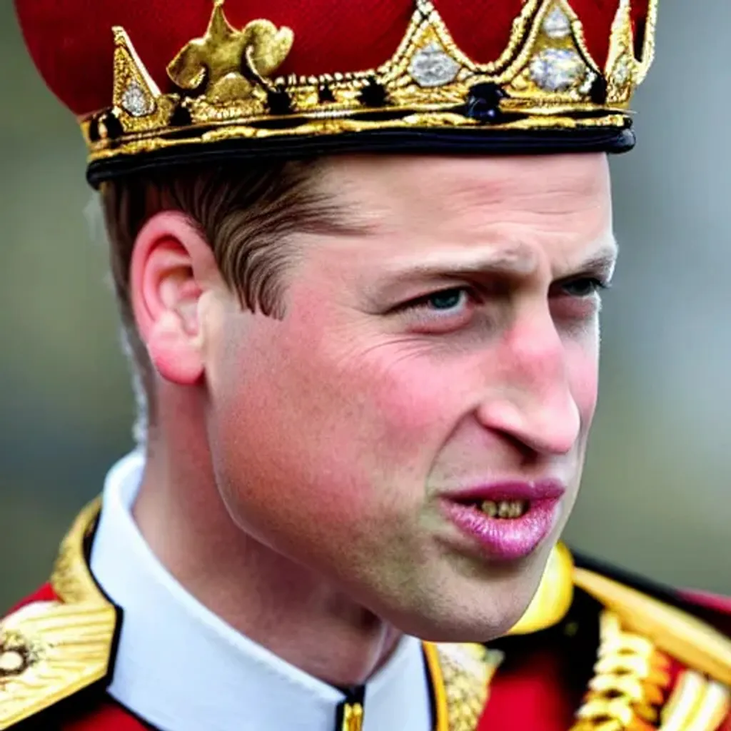 Prompt: Prince William is a very old King. Full crown and sword. Close up. No hair. bald. Wrinkles.