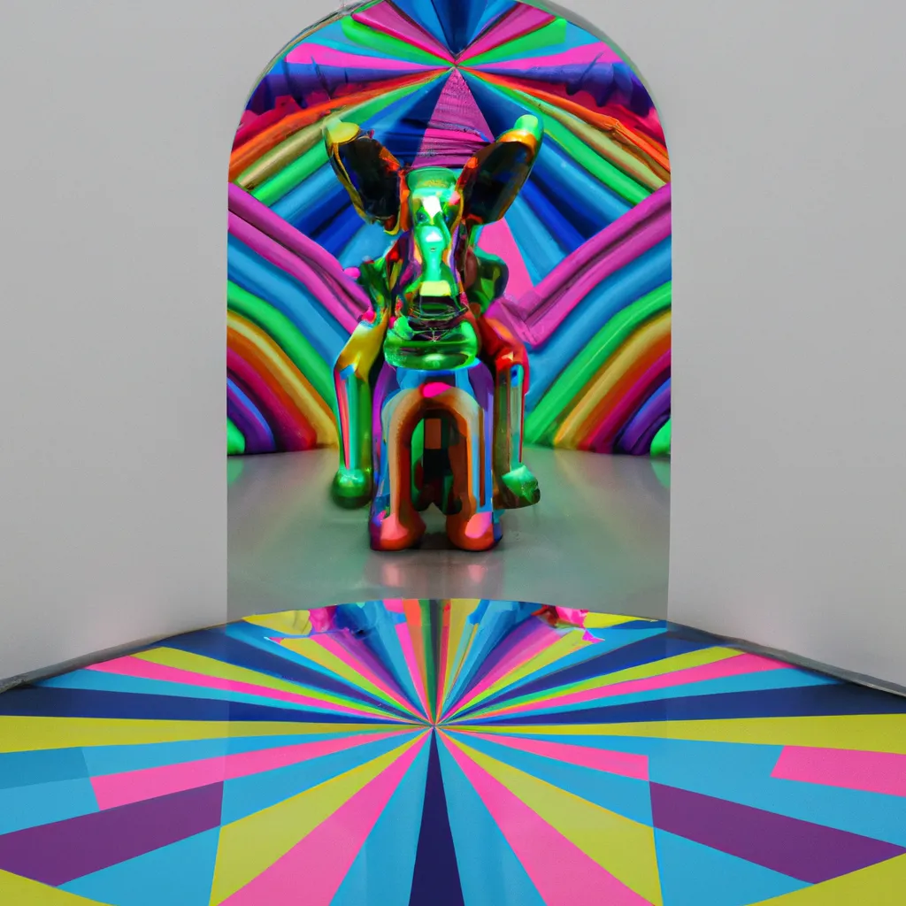 Prompt: A Jeff koons sculpture in the center of a kaléidoscope room