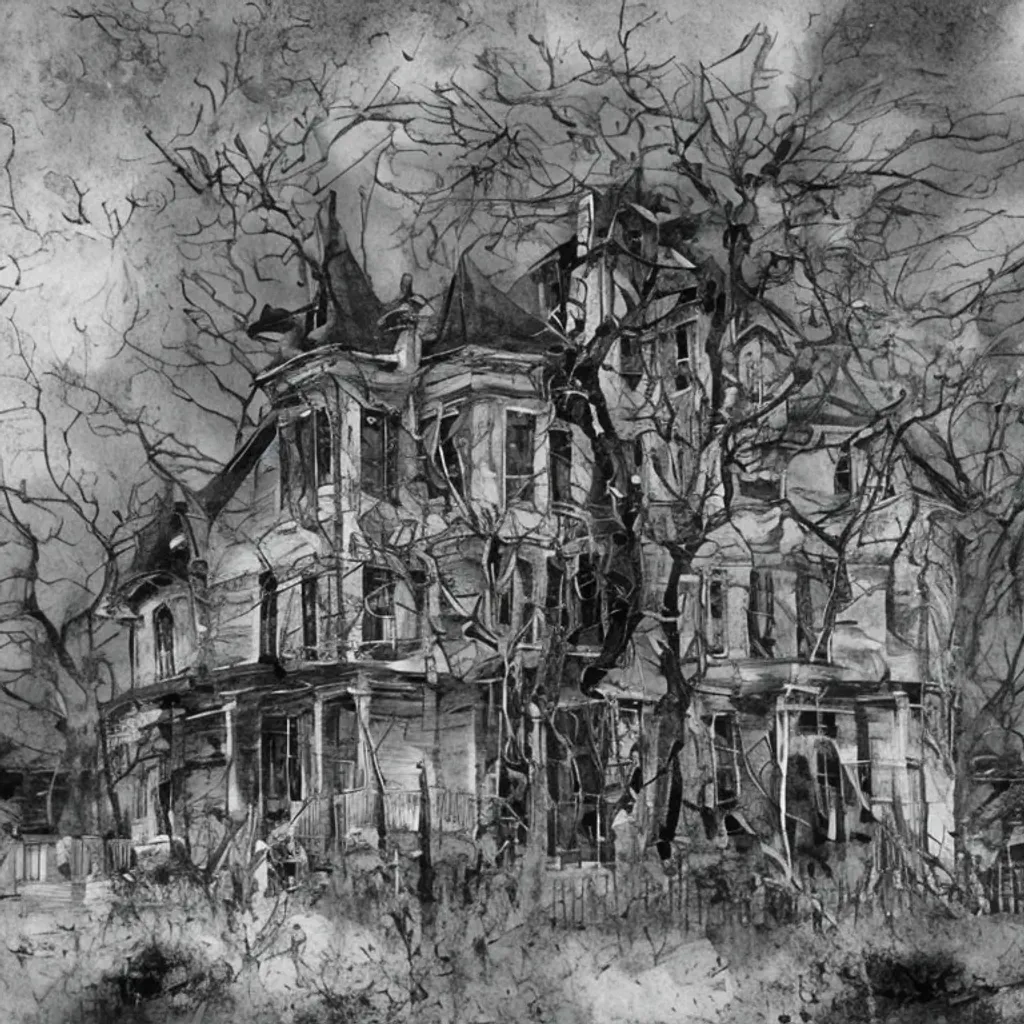Prompt: haunted house black and white art