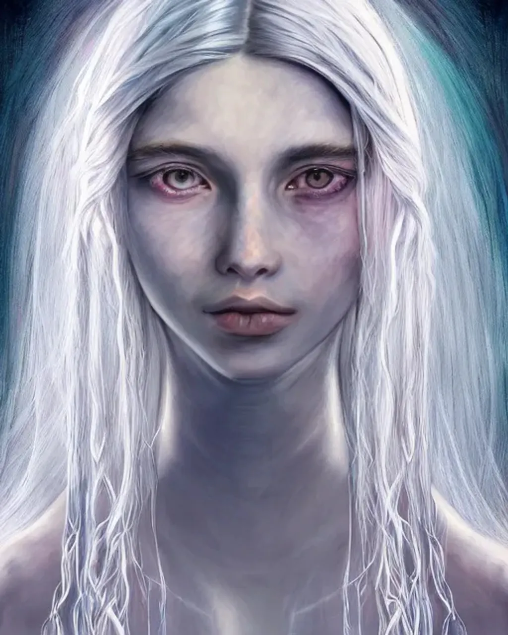 Prompt: portrait of young woman with flowing braided silver hair | wearing spiderlilies | oil painting by: charlie bowater, john william waterhouse | symmetrical facial features, accurate anatomy, hyper-detailed, hyper-realistic, photo-realistic, sharp focus 16k smooth render scenic aetherpunk auroracore synesthesia sunshine rays holographic fantasycore moonscape noctilucent polished colorful flickering light expansive ethereal