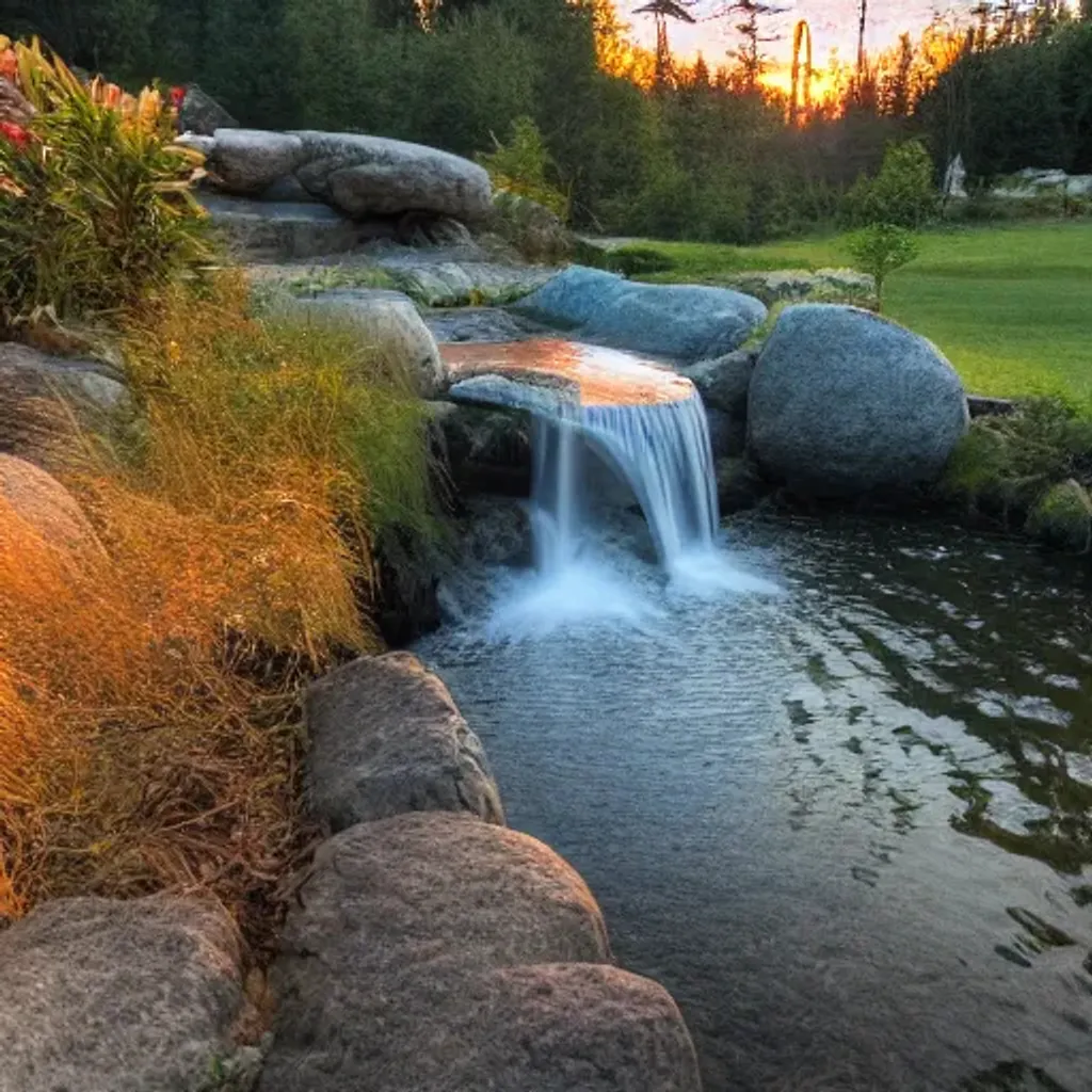 Prompt: a waterfall going into a small lake at sunset