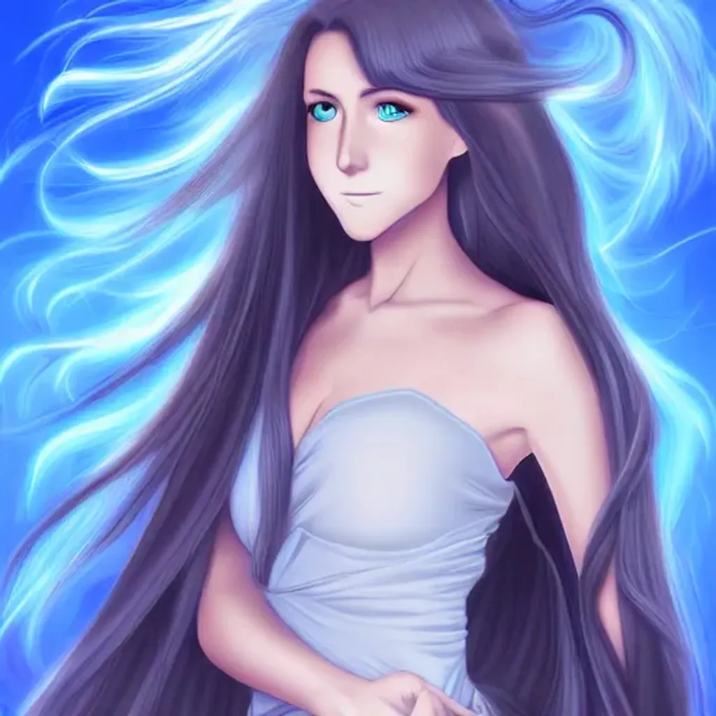 Prompt: anime portrait of a young adult woman with blue eyes and long, beautiful, intricate, wavy, flowing hair, shimmer in the air,  digital painting, looking into camera, full body image