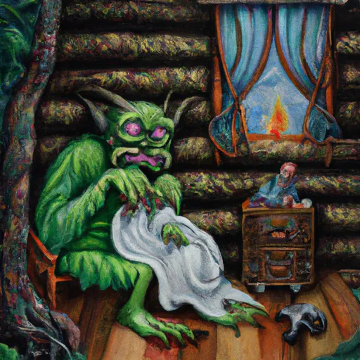 Prompt: A painting of a scary monster quilting a small quilt in a log cabin
Very bright and cozy
Pianting by Michael whelan