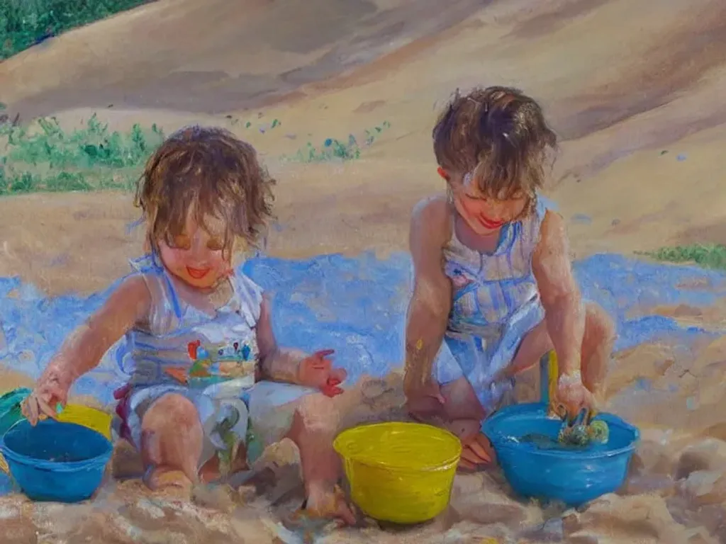 Prompt: An oil painting of two toddlers playing in the sandpit. By [Henry Turner|Ethel Carrick fox]