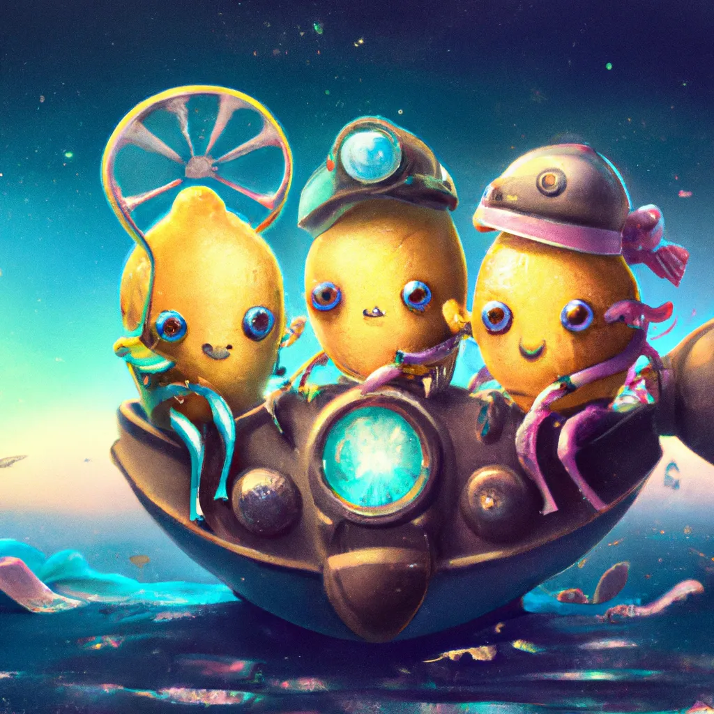 Prompt: the cute lemon Familly character in the boat on the ocean, steampunk style, artstation, golden hours, HQ, 4K, center, reference pose Lisa Frank