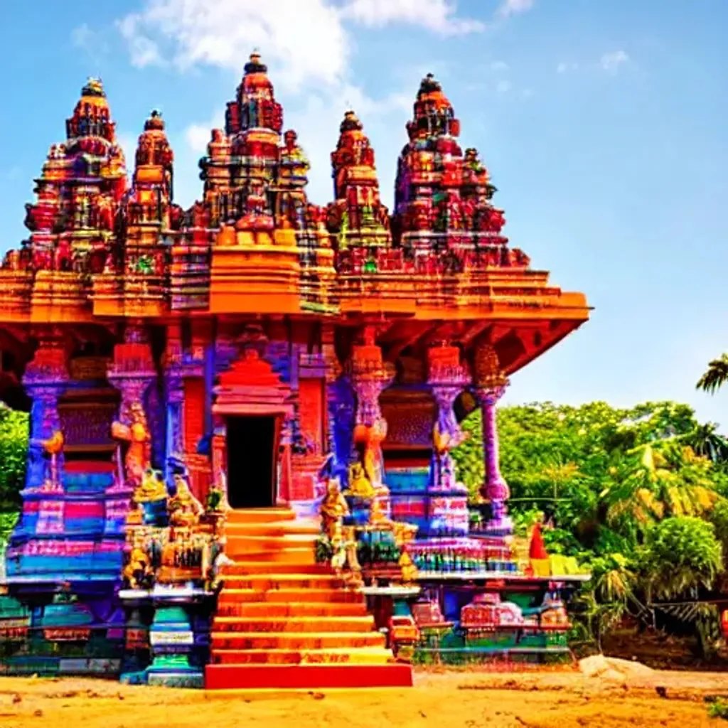 Prompt: A colorful, Dravidian temple, bathed in the glowing sunlight