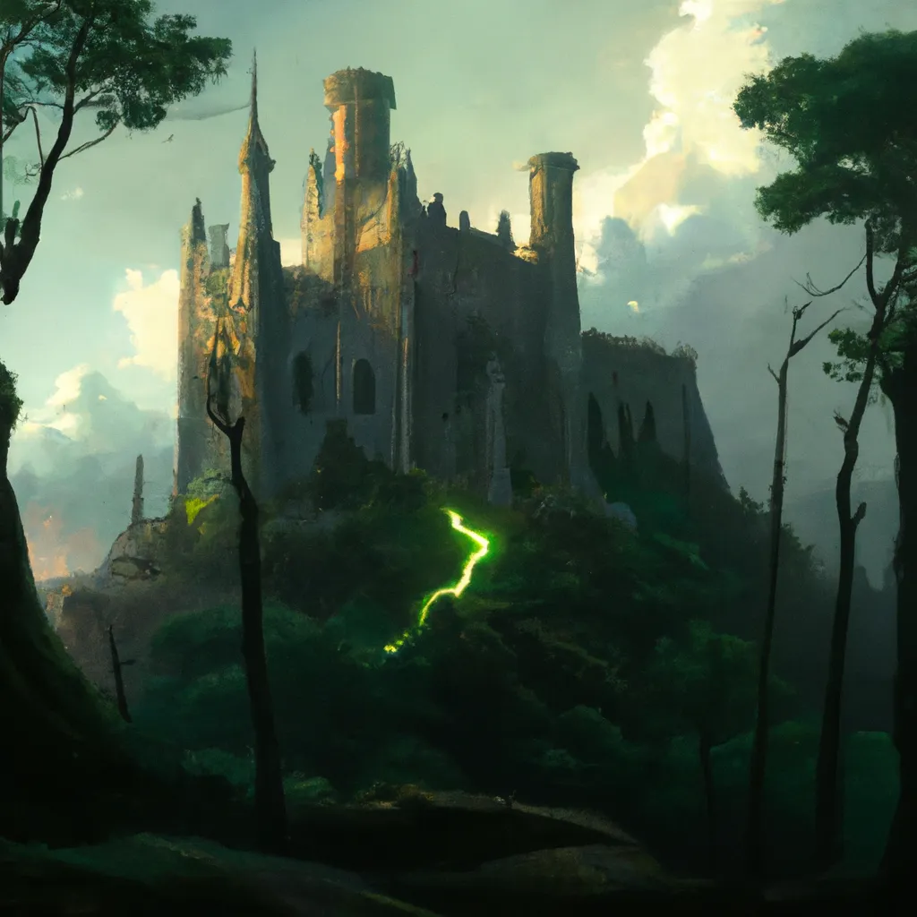 Prompt: a painting of a castle in the middle of a forest, a detailed matte painting by Andreas Rocha, Artstation, fantasy art, artstation hq, matte painting, artstation hd, realistic