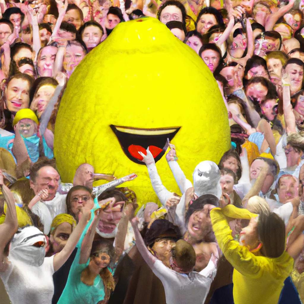 Prompt: 3-D, Photo-Realistic, Laughing Giant Lemon surround by huge crowd of cheering, dancing, lemon admirers
