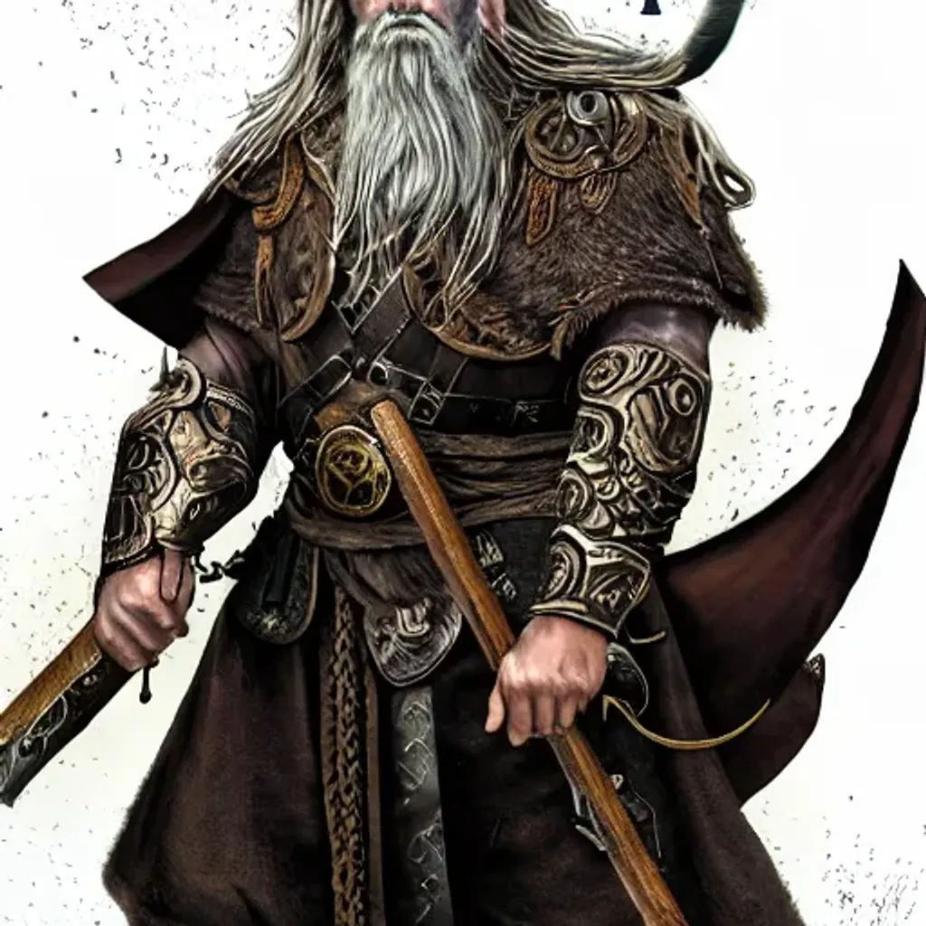 Prompt: Odin, viking, oldman, god, golden armor, eyepatch, runes