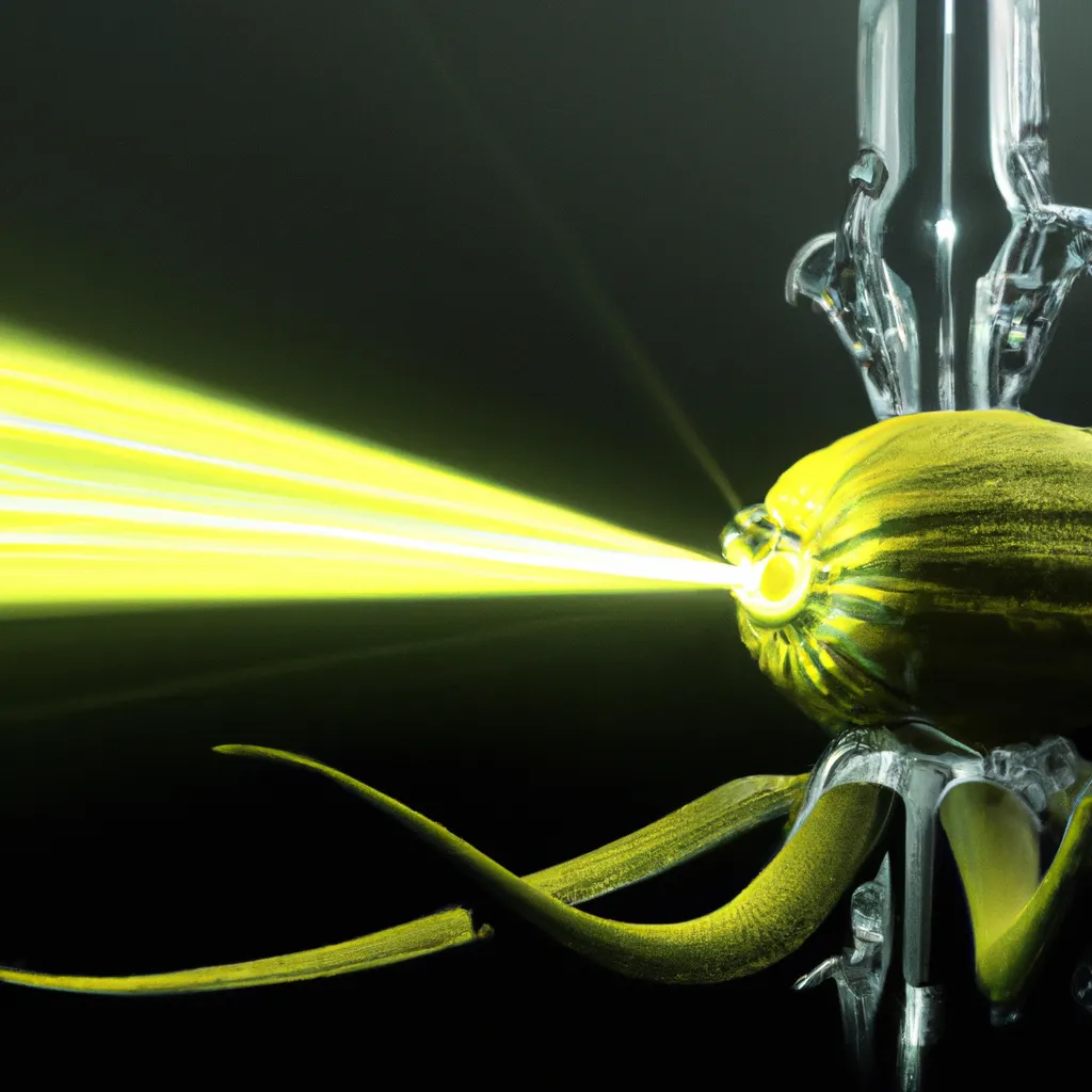 Prompt: A spectacular 3D render of a cybergenetical, hellish, Cthulhu, Fabergé lemon with a futuristic laser gun in the right hand, that shots at an extraterrestrial starship vessel. Suspicious rays of light, skeumorphism, ultra high quality, unreal engine, super realism, shot on Nikon AF-S Nikkor 120mm, H.R. Giger, John Atkinson Grimshaw, M.C. Esher, Artstation.

