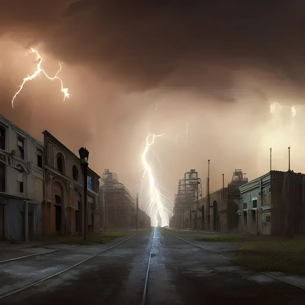 Prompt: A matte painting of a realistic abandoned city with lightning storm,featured on ArtStation, realistic colors,Super wide angle,viewed from very far away,Daytime,Flat roads,Geometrically realistic