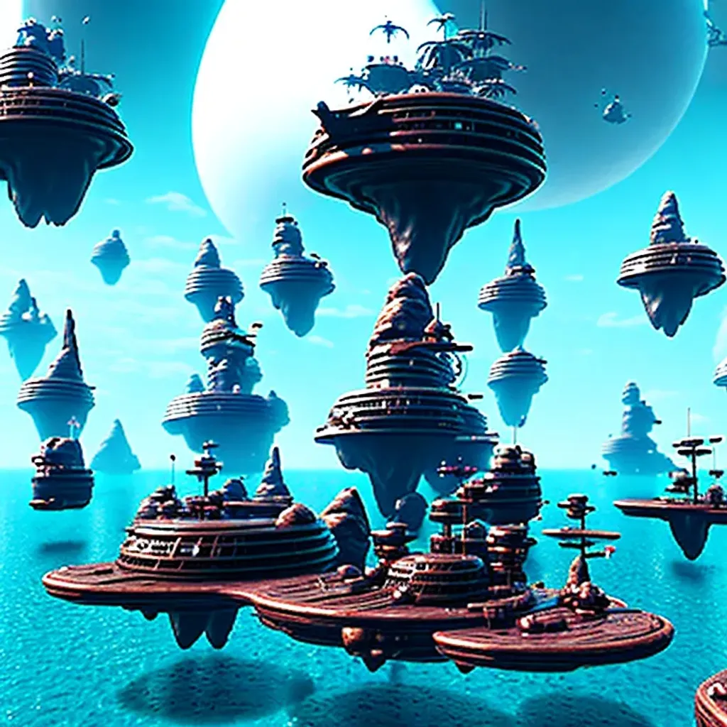 Prompt: Giant Island inmidst of a never ending sea being bombarded by futuristic pirate ships