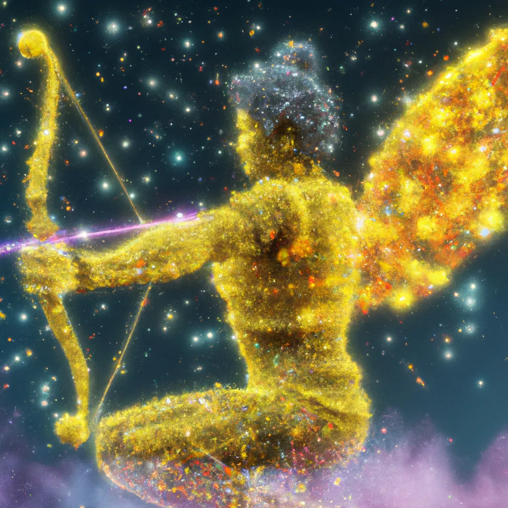 Prompt: an angelic archer shooting for the stars, insanely detailed 3D render of buddhabrot set made of glowing knitted nebulae