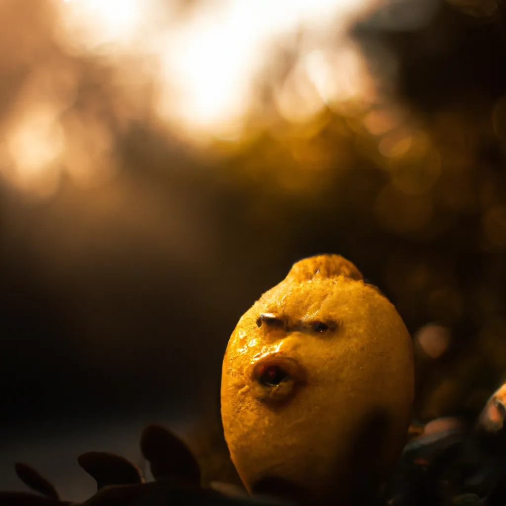 Prompt: a photograph of a rugged and beautiful lemon with eyes, Low angle, golden hour, foggy, profile view, 16mm, Sigma 85mm f/1.4, award winning photo