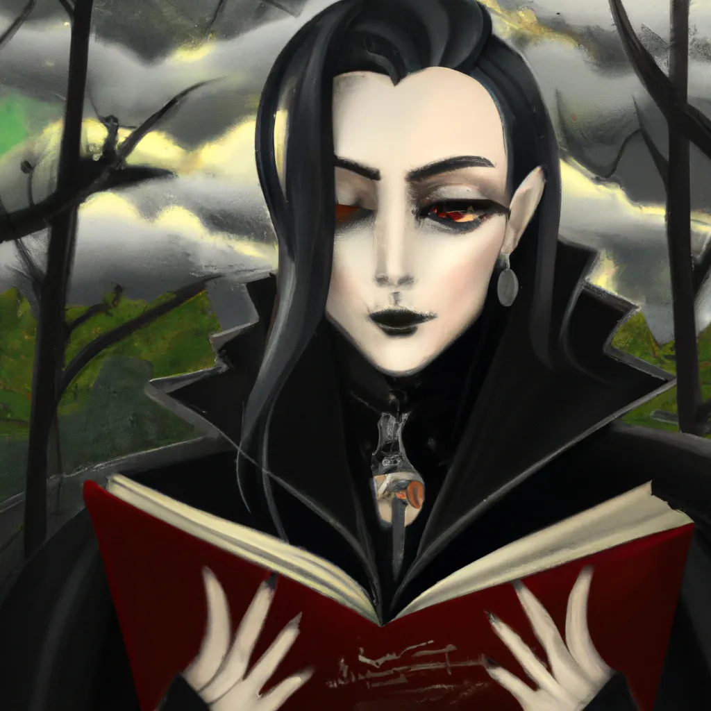 Prompt: A steampunk gothic vampire with long hair and red eyes, beautiful face, and a long black cape, with a dark rainy forest on the background, reading a book, digital art, art nouveau